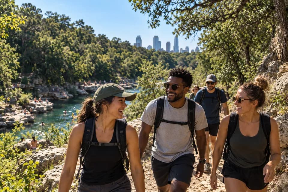 Friends hiking a creekside trail with the Austin skyline behind them